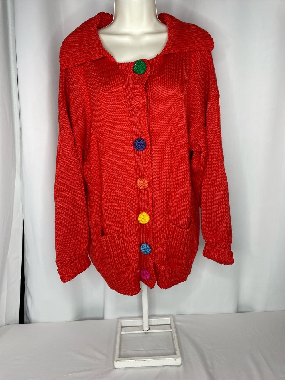 Kielo Dyson Vintage Hand Knit Cardigan Sweater Red Pima Cotton Rainbow Button‎ M